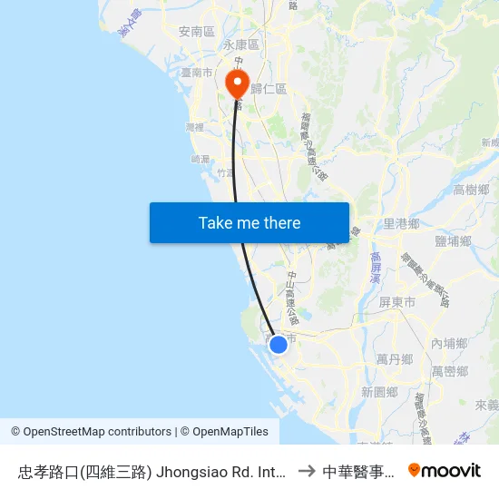 忠孝路口(四維三路) Jhongsiao Rd. Intersection(Sihwei 3rd Rd.) to 中華醫事科技大學 map