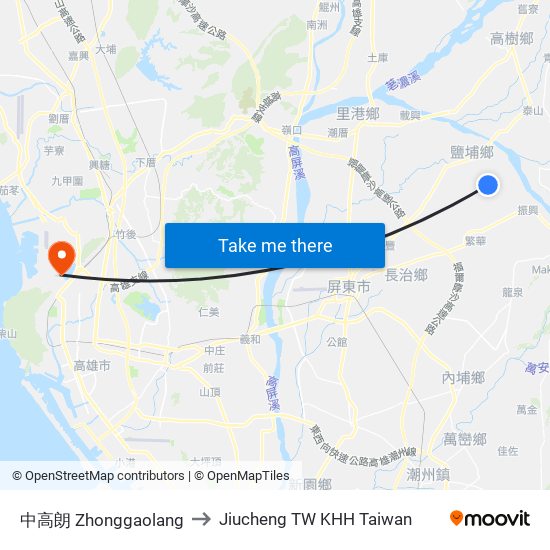 中高朗 Zhonggaolang to Jiucheng TW KHH Taiwan map