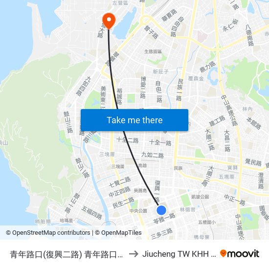 青年路口(復興二路) 青年路口(復興二路) to Jiucheng TW KHH Taiwan map