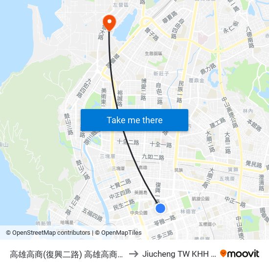 高雄高商(復興二路) 高雄高商(復興二路) to Jiucheng TW KHH Taiwan map