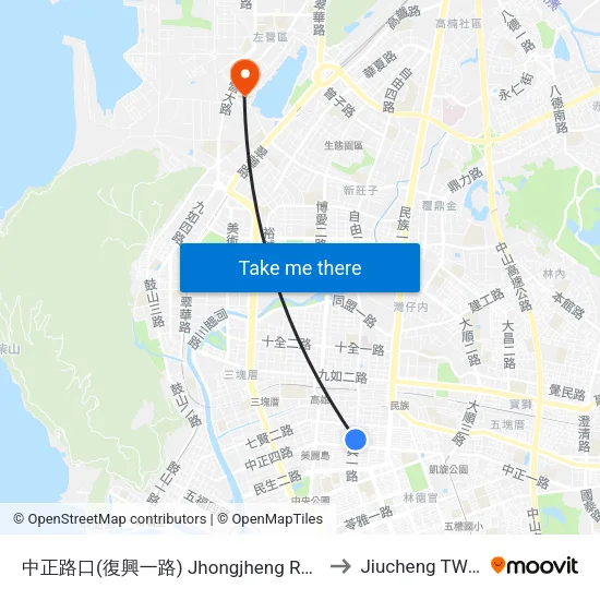 中正路口(復興一路) Jhongjheng Rd. Intersection(Fusing 1st Rd.) to Jiucheng TW KHH Taiwan map