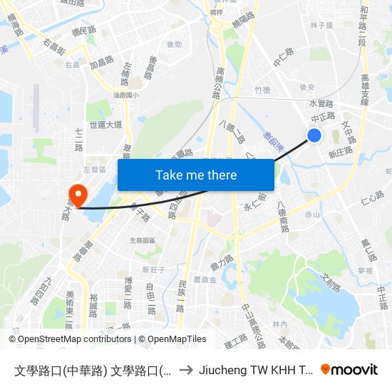 文學路口(中華路) 文學路口(中華路) to Jiucheng TW KHH Taiwan map