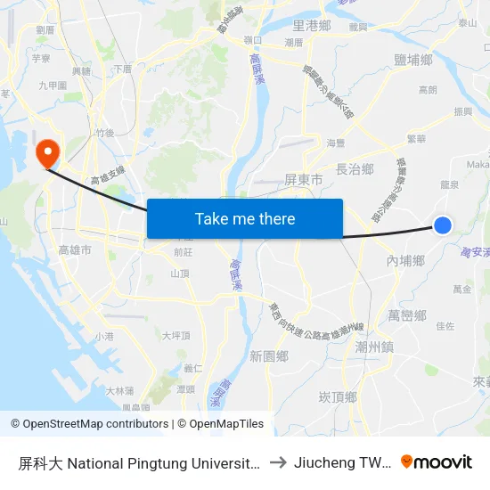 屏科大 National Pingtung University Of Science And Technology to Jiucheng TW KHH Taiwan map