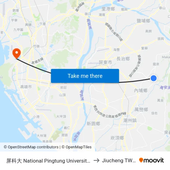 屏科大 National Pingtung University Of Science And Technology to Jiucheng TW KHH Taiwan map
