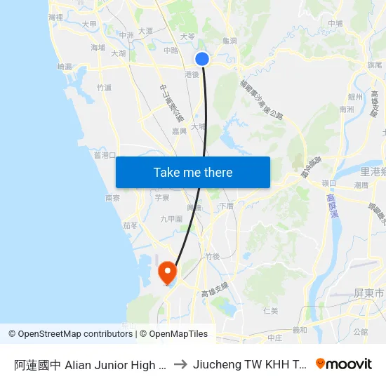 阿蓮國中 Alian Junior High School to Jiucheng TW KHH Taiwan map