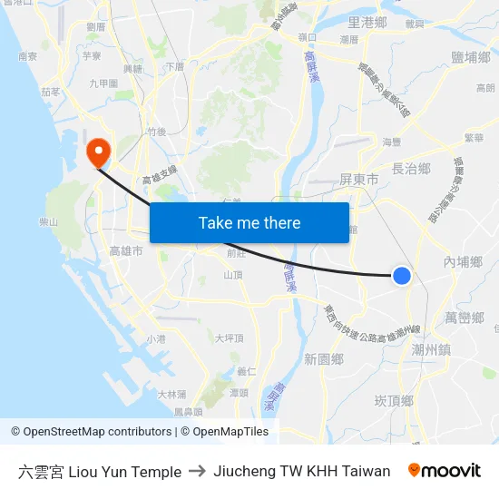 六雲宮 Liou Yun Temple to Jiucheng TW KHH Taiwan map