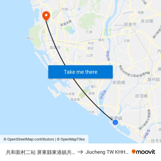 共和新村二站 屏東縣東港鎮共和街35-41 to Jiucheng TW KHH Taiwan map