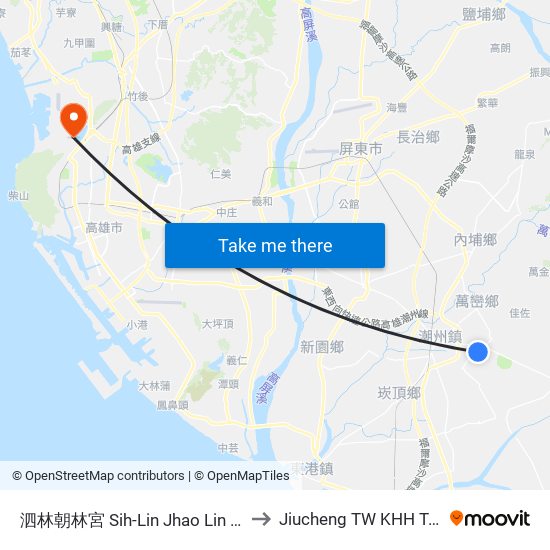 泗林朝林宮 Sih-Lin Jhao Lin Temple to Jiucheng TW KHH Taiwan map
