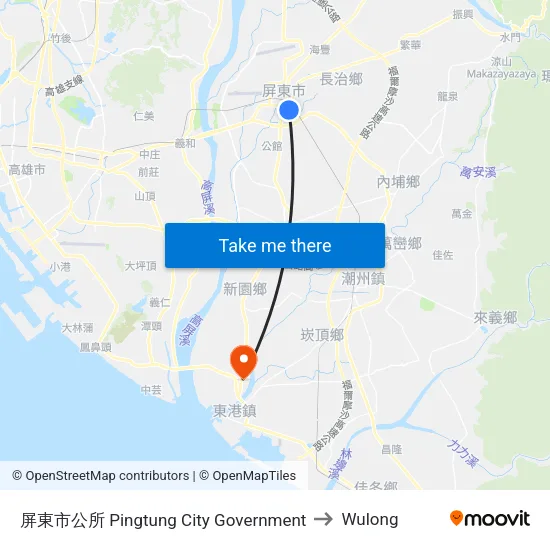 Pingtung City Government to Wulong map