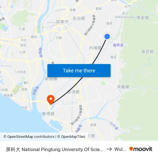 National Pingtung University of Science and Technology to Wulong map