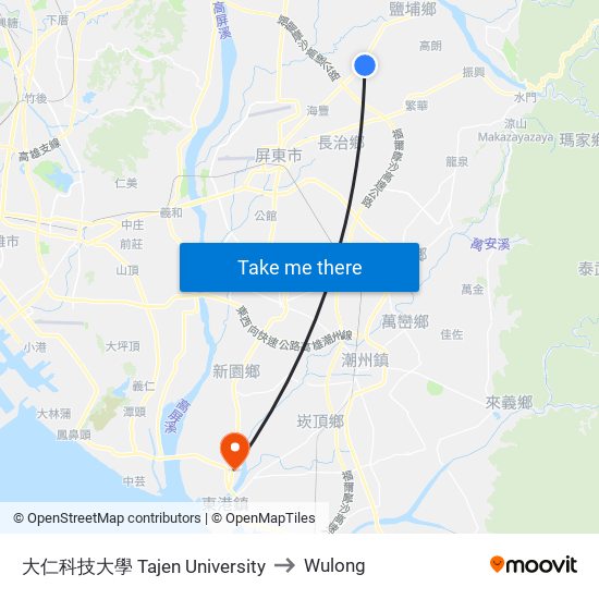 大仁科技大學 Tajen University to Wulong map