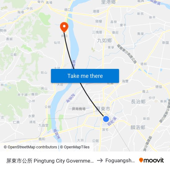 屏東市公所 Pingtung City Government to Foguangshan map