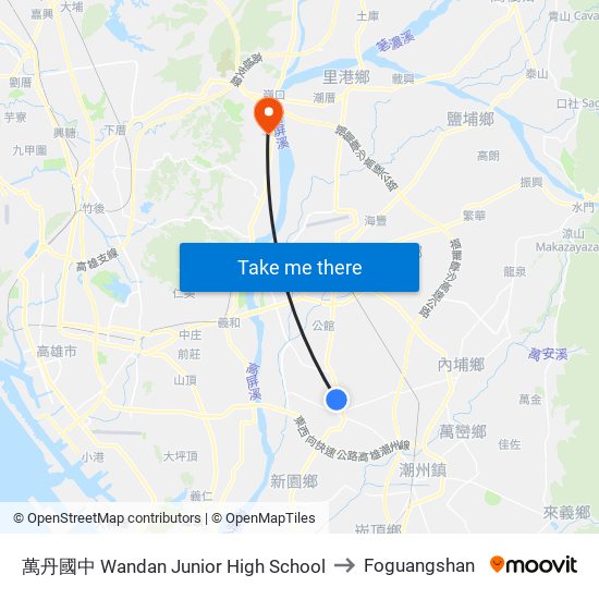 萬丹國中 Wandan Junior High School to Foguangshan map