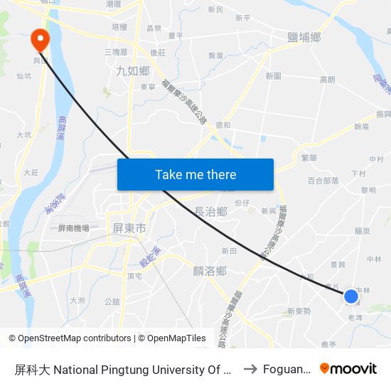 屏科大 National Pingtung University Of Science And Techno to Foguangshan map