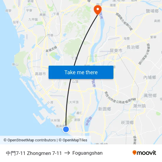 Zhongmen 7-11 Station to Foguangshan map