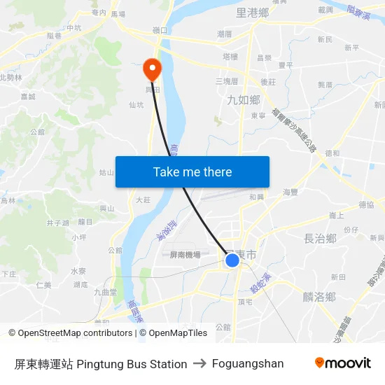 屏東轉運站 Pingtung Bus Station to Foguangshan map