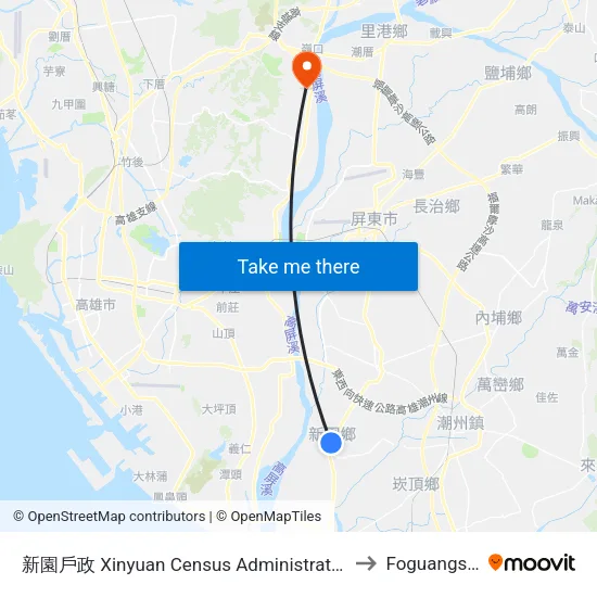 新園戶政 Xinyuan Census Administration Office to Foguangshan map