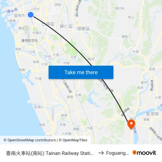 臺南火車站(南站) Tainan Railway Station(S Station) to Foguangshan map