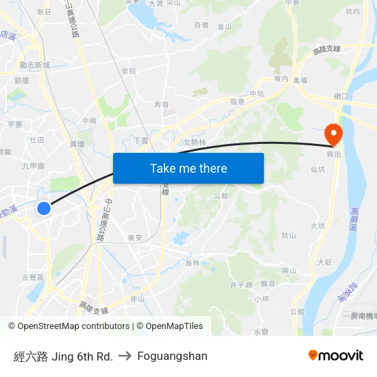 經六路 Jing 6th Rd. to Foguangshan map