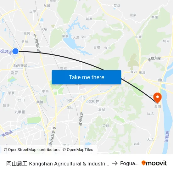 岡山農工 Kangshan Agricultural & Industrial Vocational Senior High School to Foguangshan map