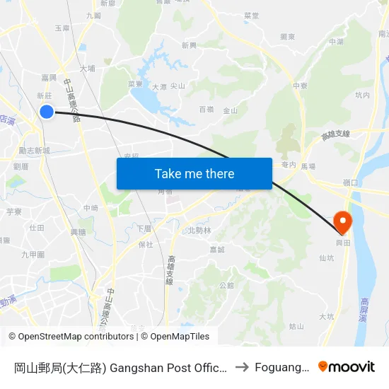 岡山郵局(大仁路) Gangshan Post Office(Daren Rd.) to Foguangshan map