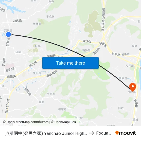 燕巢國中(榮民之家) Yanchao Junior High School(Veterans Home) to Foguangshan map