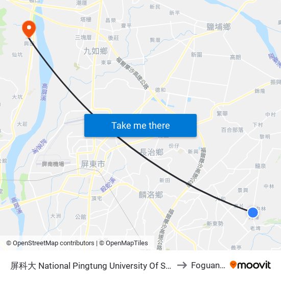屏科大 National Pingtung University Of Science And Technology to Foguangshan map