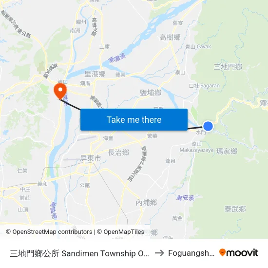 三地門鄉公所 Sandimen Township Office to Foguangshan map