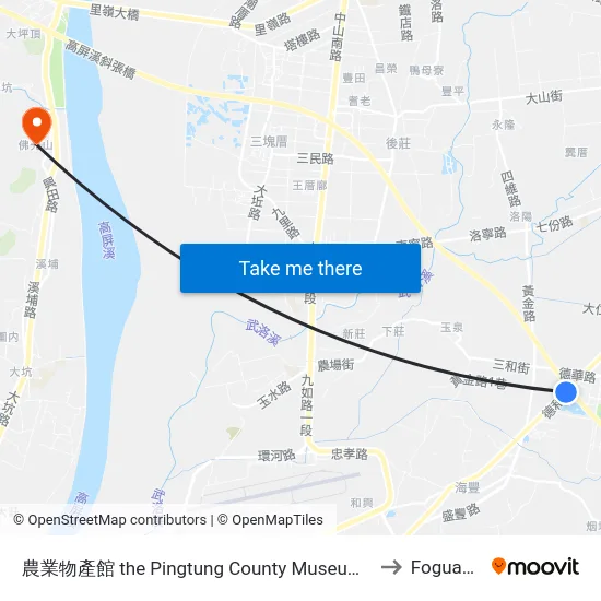 農業物產館 the Pingtung County Museum Of Agricultural Products to Foguangshan map