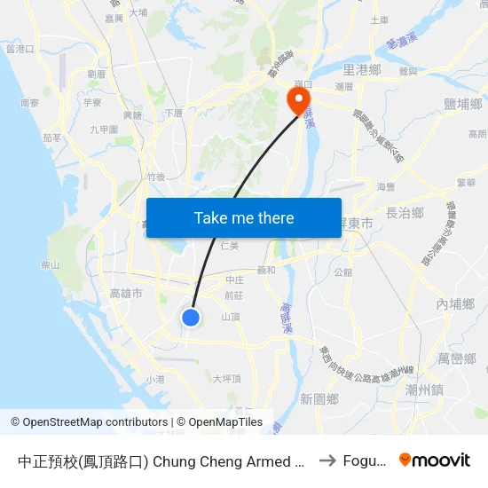 中正預校(鳳頂路口) Chung Cheng Armed Forces Prepartory School(Fongding Rd.) to Foguangshan map
