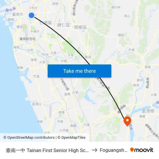 臺南一中 Tainan First Senior High School to Foguangshan map