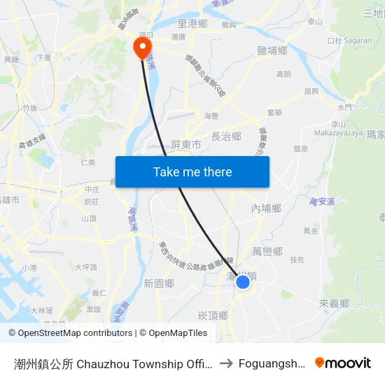 潮州鎮公所 Chauzhou Township Office to Foguangshan map