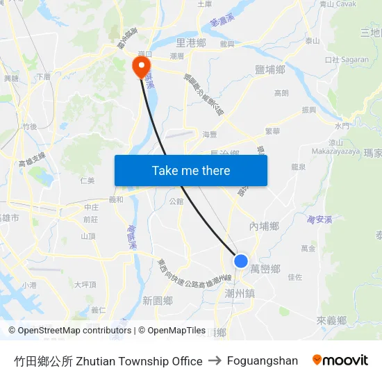 竹田鄉公所 Zhutian Township Office to Foguangshan map