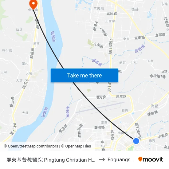 屏東基督教醫院 Pingtung Christian Hospital to Foguangshan map