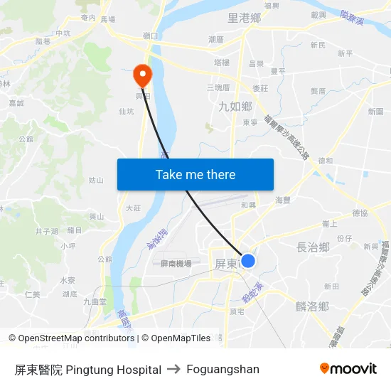 屏東醫院 Pingtung Hospital to Foguangshan map