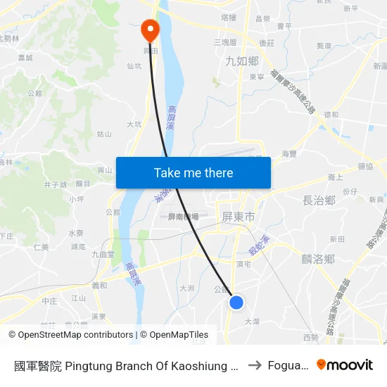 國軍醫院 Pingtung Branch Of Kaoshiung Armed Forces Genaral Hospital to Foguangshan map