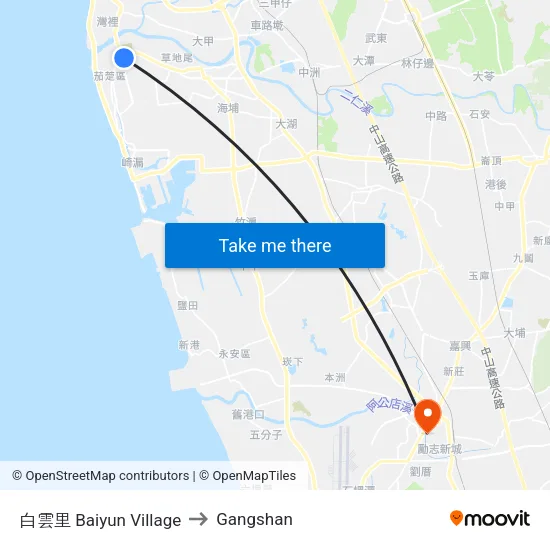 白雲里 Baiyun Village to Gangshan map