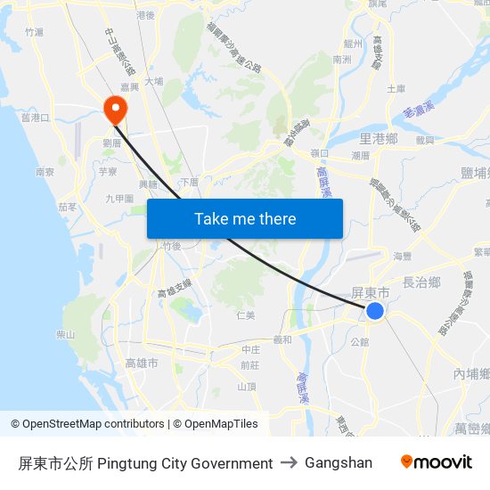 屏東市公所 Pingtung City Government to Gangshan map