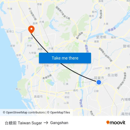 Taiwan Sugar to Gangshan map
