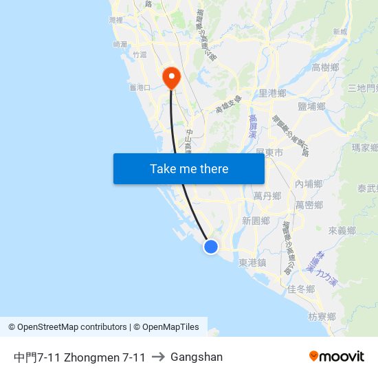 中門7-11 Zhongmen 7-11 to Gangshan map