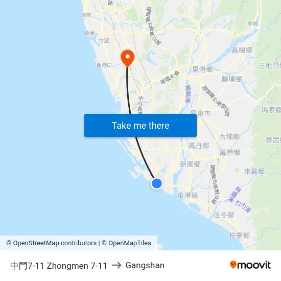 中門7-11 Zhongmen 7-11 to Gangshan map