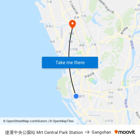 捷運中央公園站 Mrt Central Park Station to Gangshan map