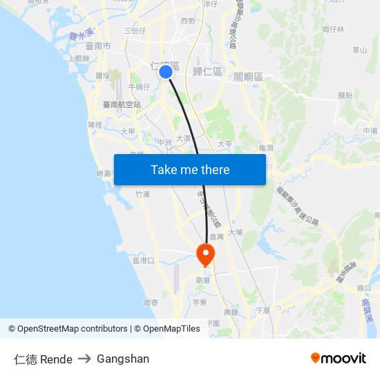 仁德 Rende to Gangshan map