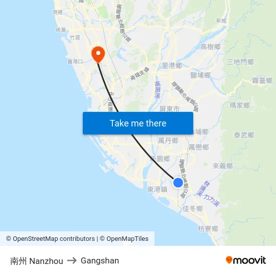 南州 Nanzhou to Gangshan map