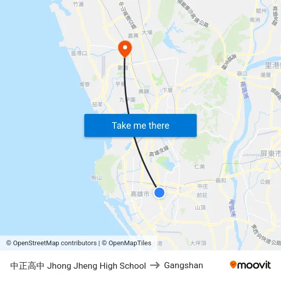 中正高中 Jhong Jheng High School to Gangshan map