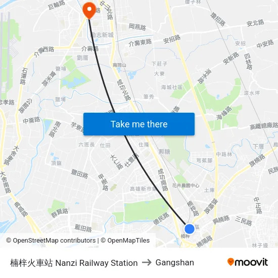 楠梓火車站 Nanzi Railway Station to Gangshan map