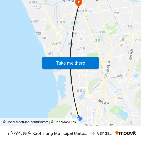 市立聯合醫院 Kaohsiung Municipal United Hospital to Gangshan map