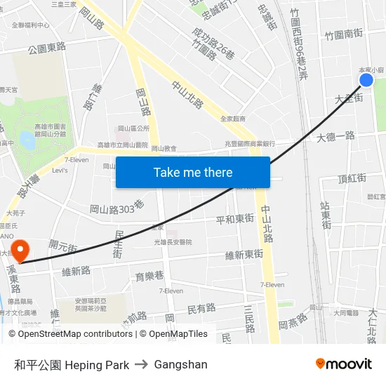 Heping Park to Gangshan map