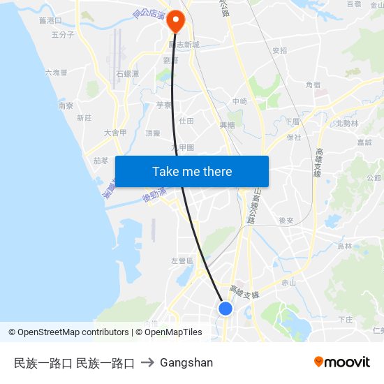民族一路口 民族一路口 to Gangshan map