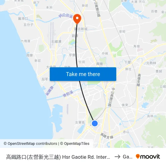 高鐵路口(左營新光三越) Hsr Gaotie Rd. Intersection(Zuoying Shin Kong Mitsukoshi Department Store) to Gangshan map